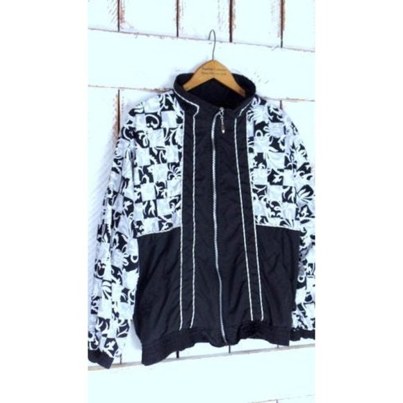 Vintage 90s black and white graphic floral print windbreaker jacket - Picture 3 of 7